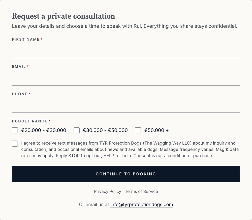 Screenshot of the TYR Protection Dogs consultation form with name, email and phone fields and the unchecked SMS consent checkbox